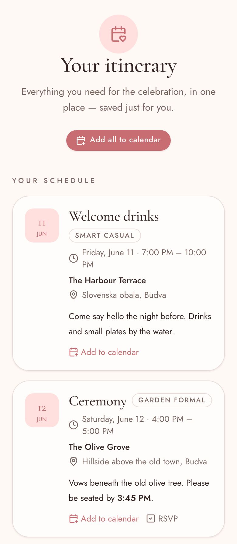 A guest's itinerary on a phone, listing the day's events with times, places and Add to calendar buttons