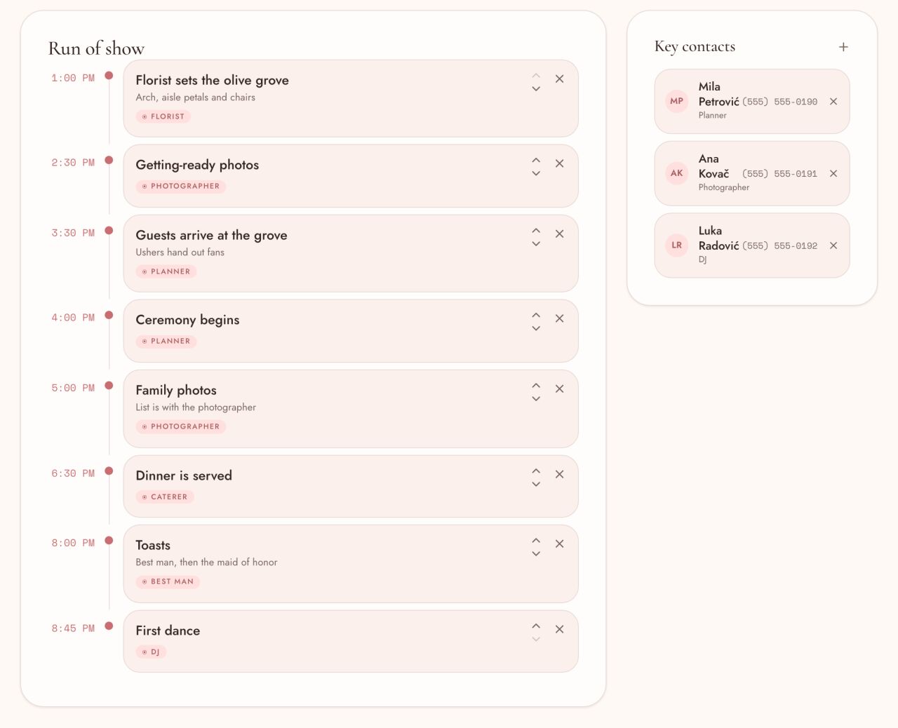 The day-of run sheet: a timeline of moments with times and owners, beside a list of key contacts