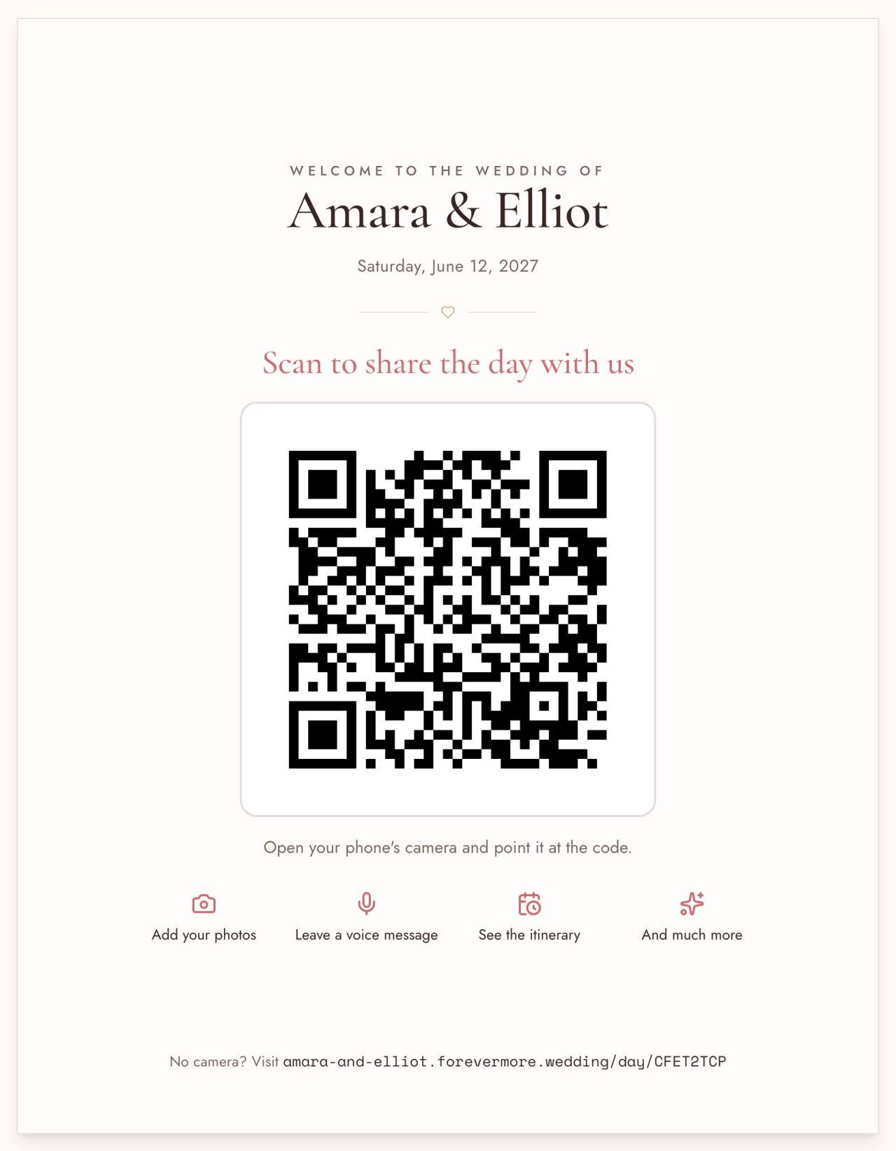 A printable one-page sign reading 'Welcome to the wedding of Amara & Elliot' with a QR code and 'Scan to share the day with us'