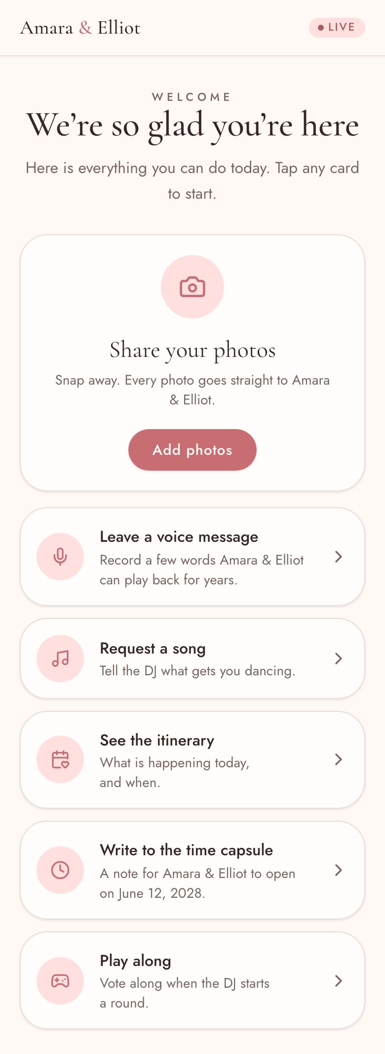 The guest welcome page on a phone: 'We're so glad you're here' above cards to share photos, leave a voice message, request a song, see the itinerary, write to the time capsule and play along