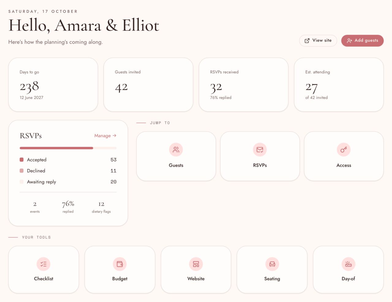 The Forevermore dashboard showing days to go, guests invited, RSVPs received and estimated attendance, with replies split into accepted, declined and awaiting