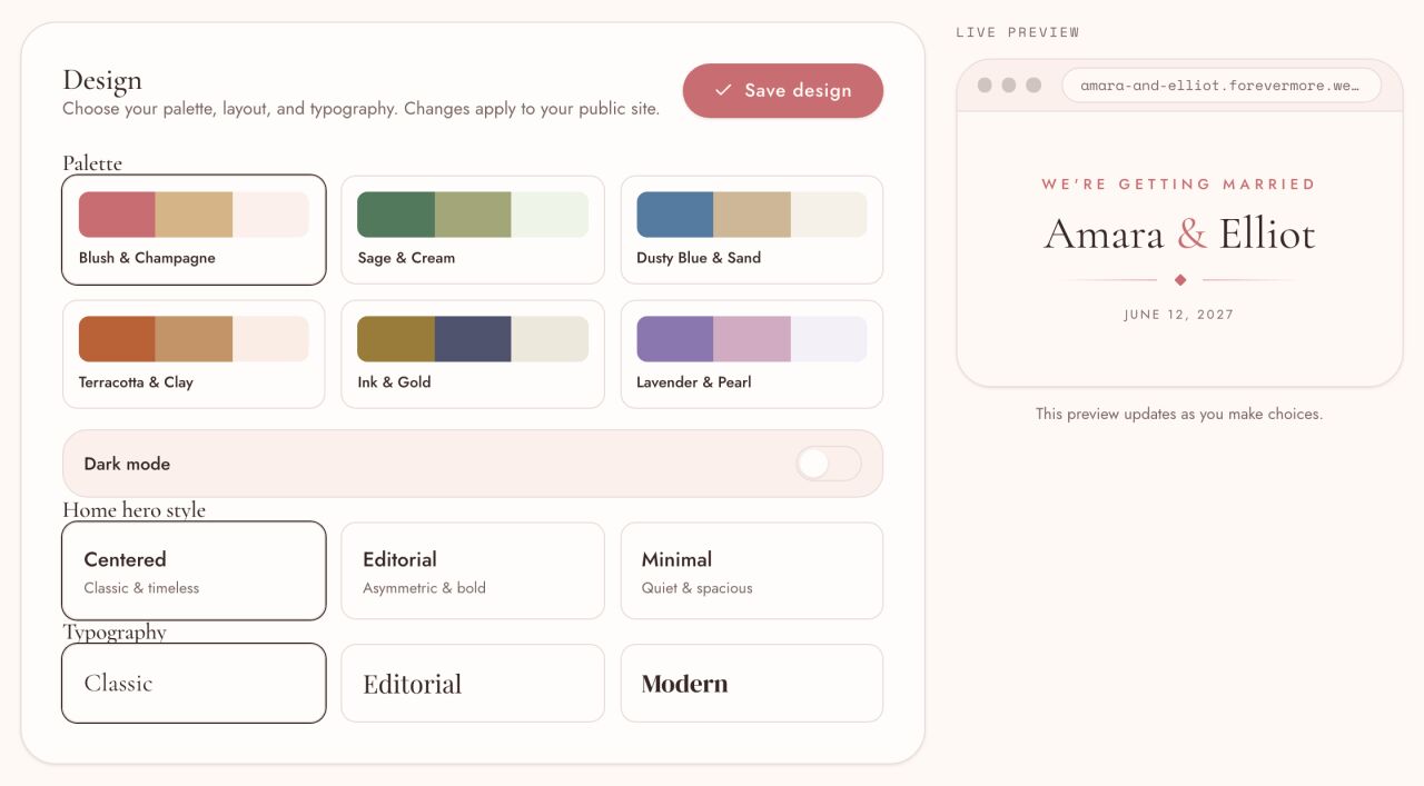 The Design page: palette, layout, typeface and dark mode settings beside a preview of the site